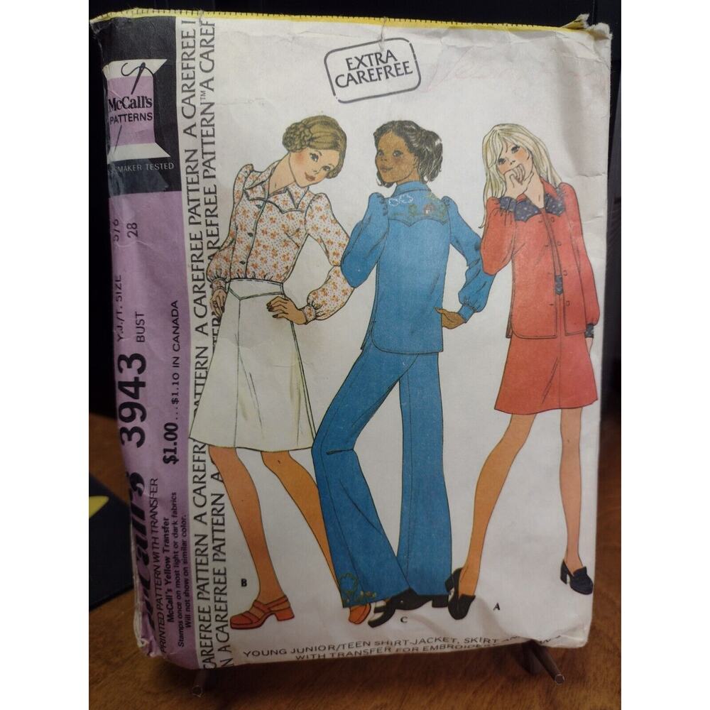 Vintage McCall's Pattern 3943 Yng Junior/Teen Shirt-Jacket, Skirt, Pants (1974)